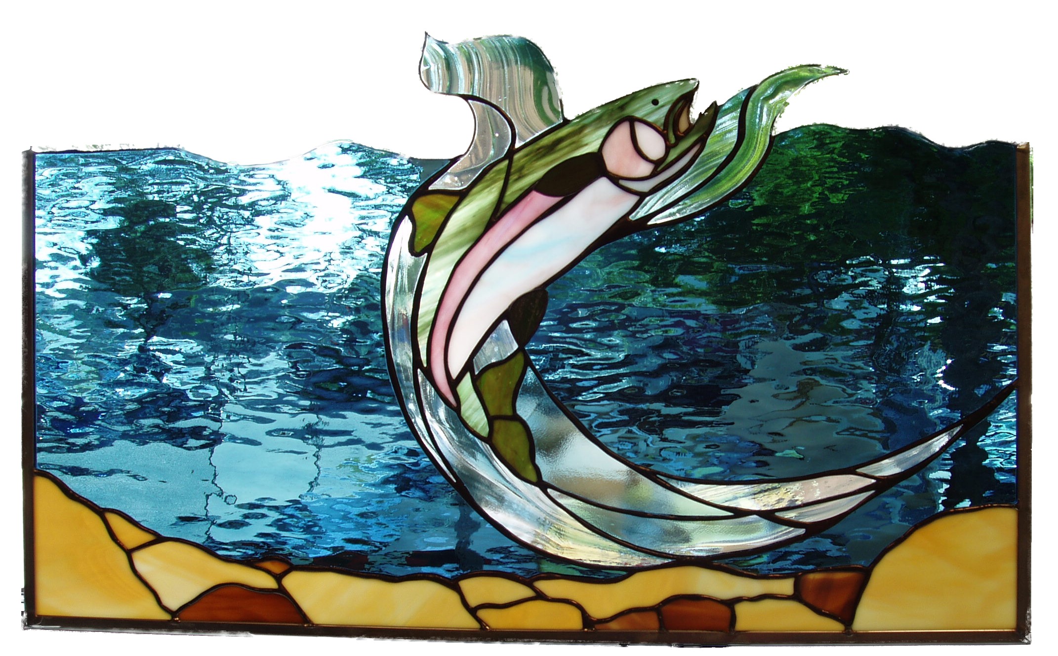 A stained-glass image of a trout leaping out of the water